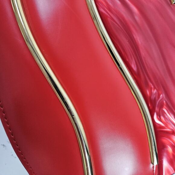 Retro Inspired Glossy Statement Handbag Red Gold Accents Acrylic Shoulder Purse - Picture 10 of 14